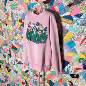 Vintage 80s 90s grandma sweatshirt pastel pink  floral  |S-M| flaws as is collar